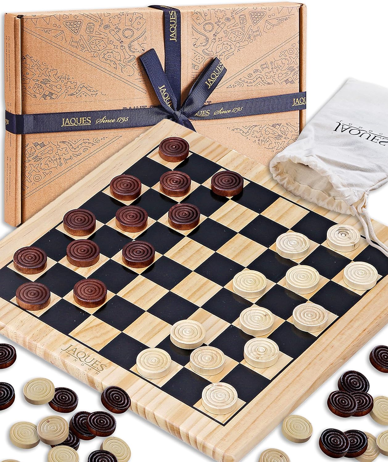 Jaques of London Draughts Board Game | Traditional 12 “ Wooden Draughts Board with Deluxe Checkers Pieces | Wo