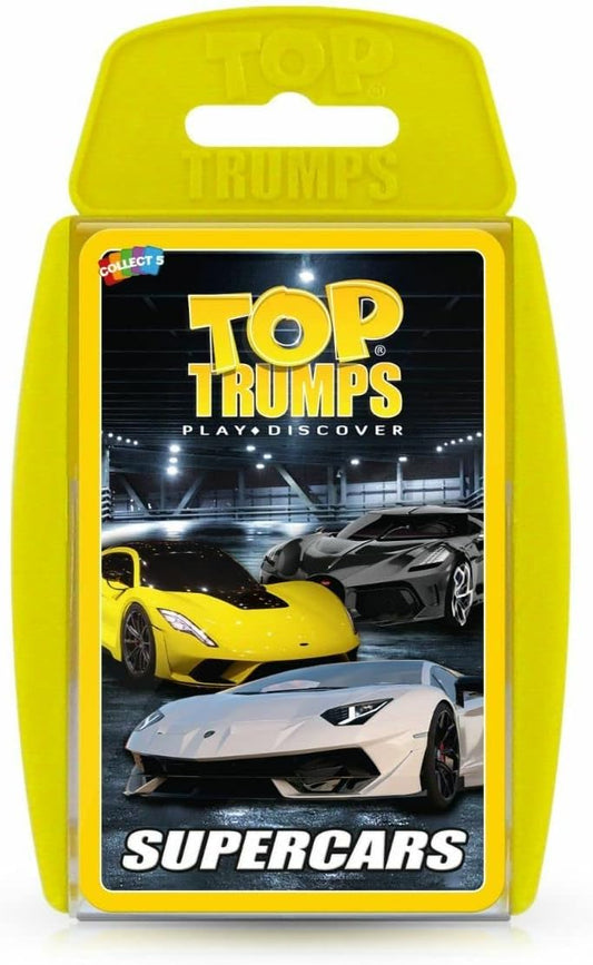 Top Trumps Supercars Classic Card Game, learn about the Aston Martin DBS, McLaren Senna and Bugatti Chiron in this educa