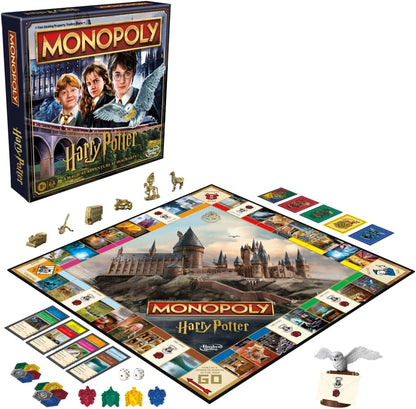 Monopoly Harry Potter Edition board game box, game board, golden tokens and house cards
