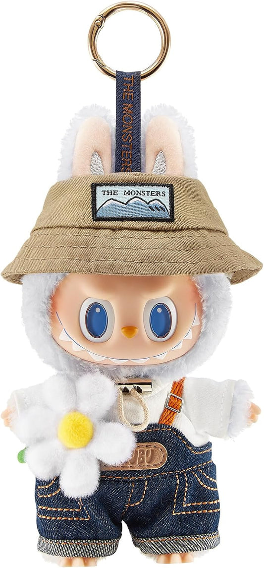 POP MART THE MONSTERS Fall in Wild vinyl plush doll pendant with bucket hat and denim dungarees