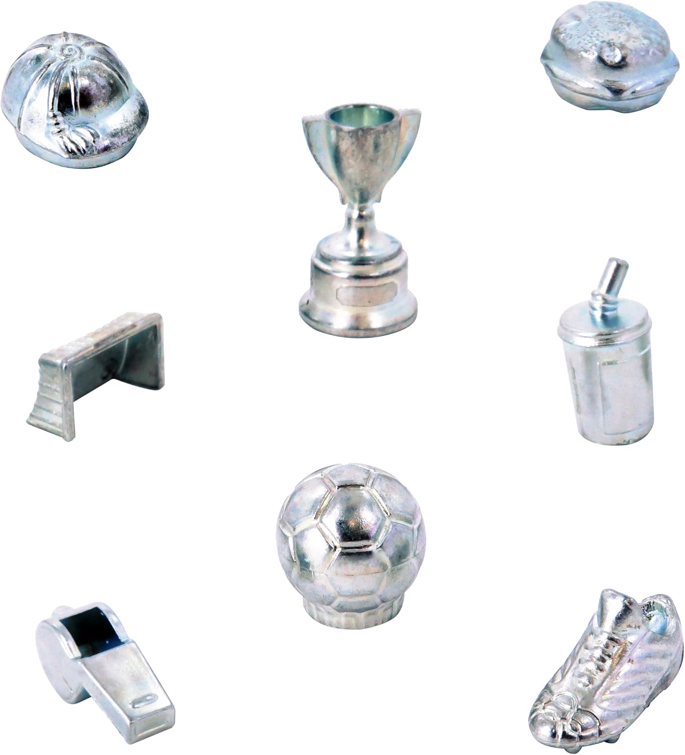 Monopoly World Football Stars die-cast tokens including trophy, ball, boot and whistle