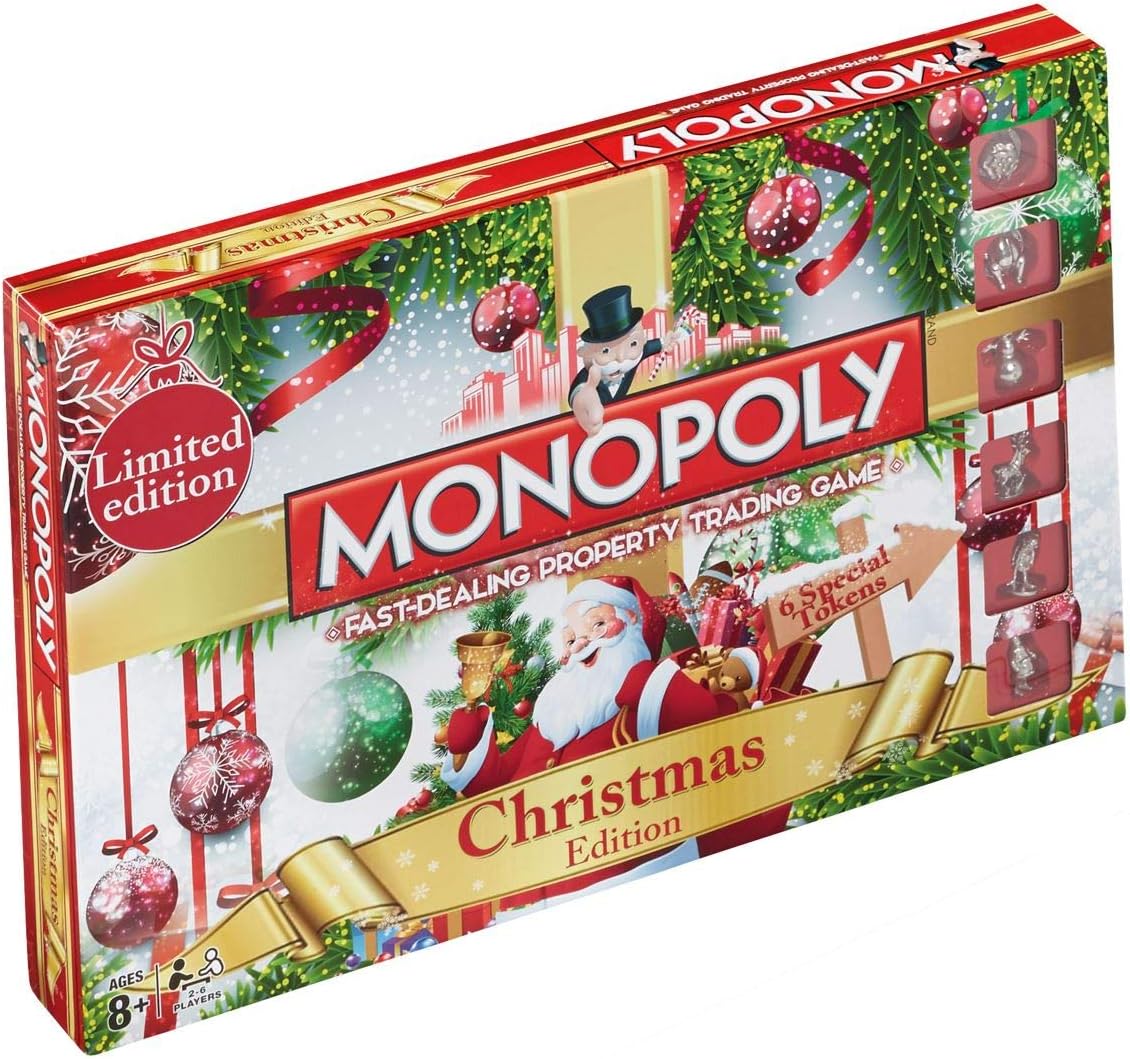 Winning Moves Christmas Monopoly Board Game, Play as Rudolph, Snowman or Santa and trade your way to success, 