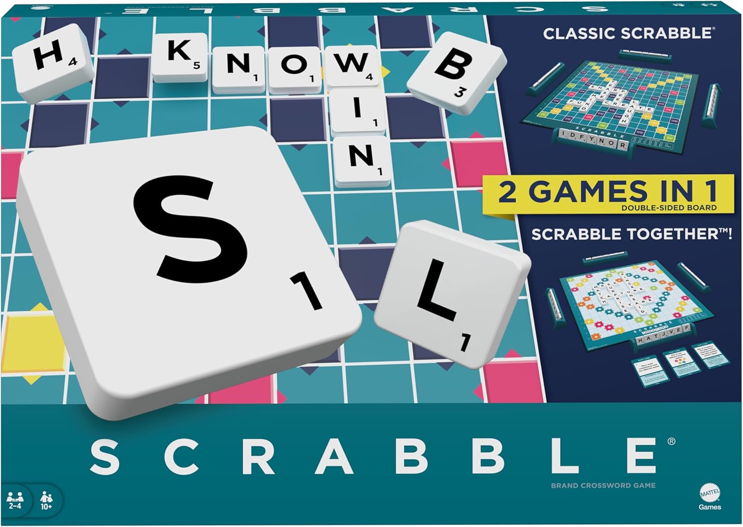 Mattel Games Scrabble 2 Games in 1 double-sided board game box