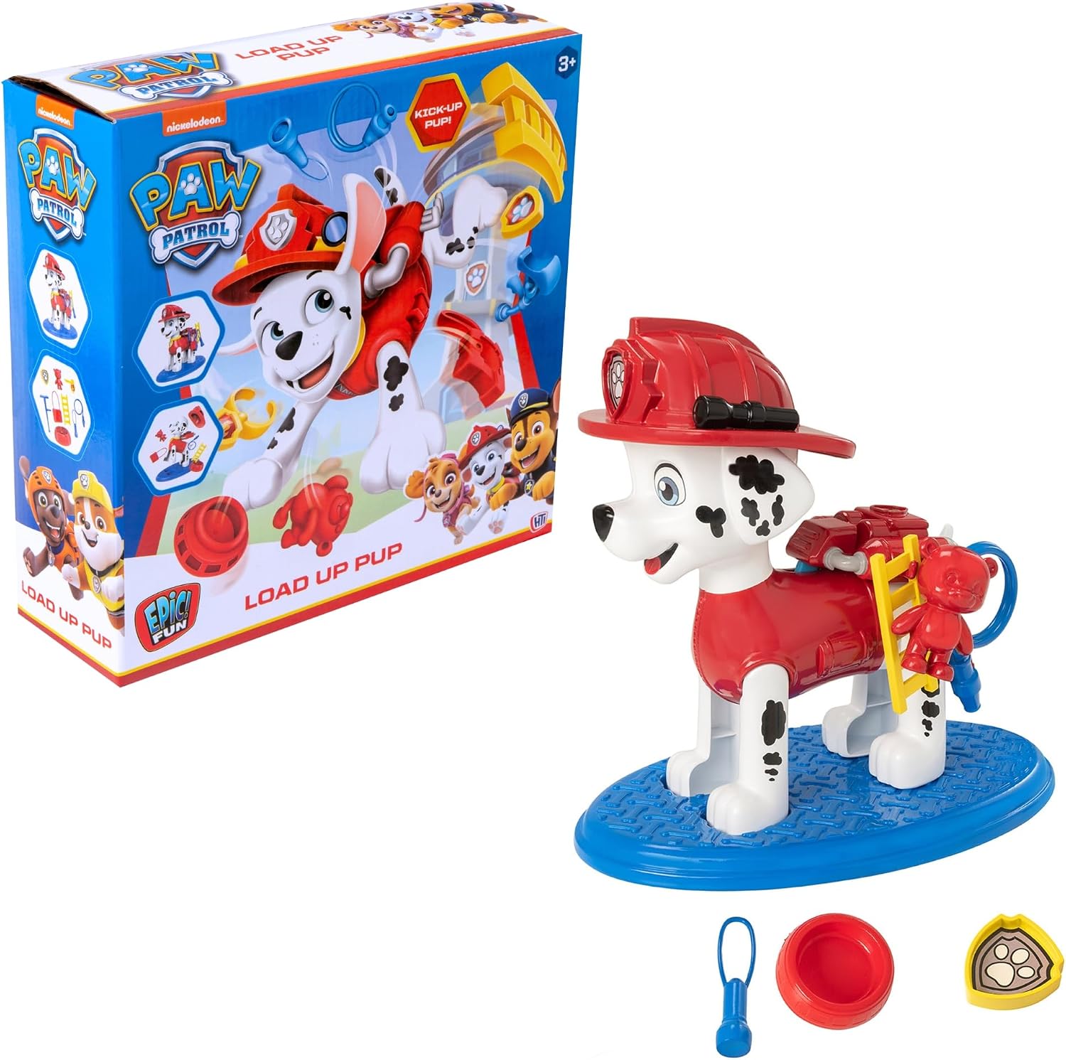 PAW Patrol Load Up Pup board game box and assembled Marshall figure