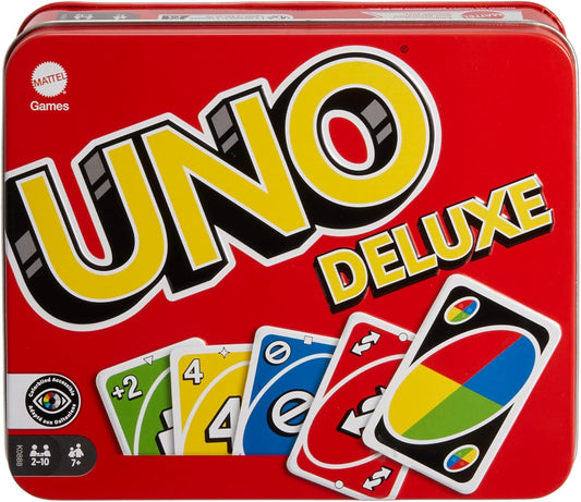 Mattel Games UNO Deluxe card game in a red collector tin