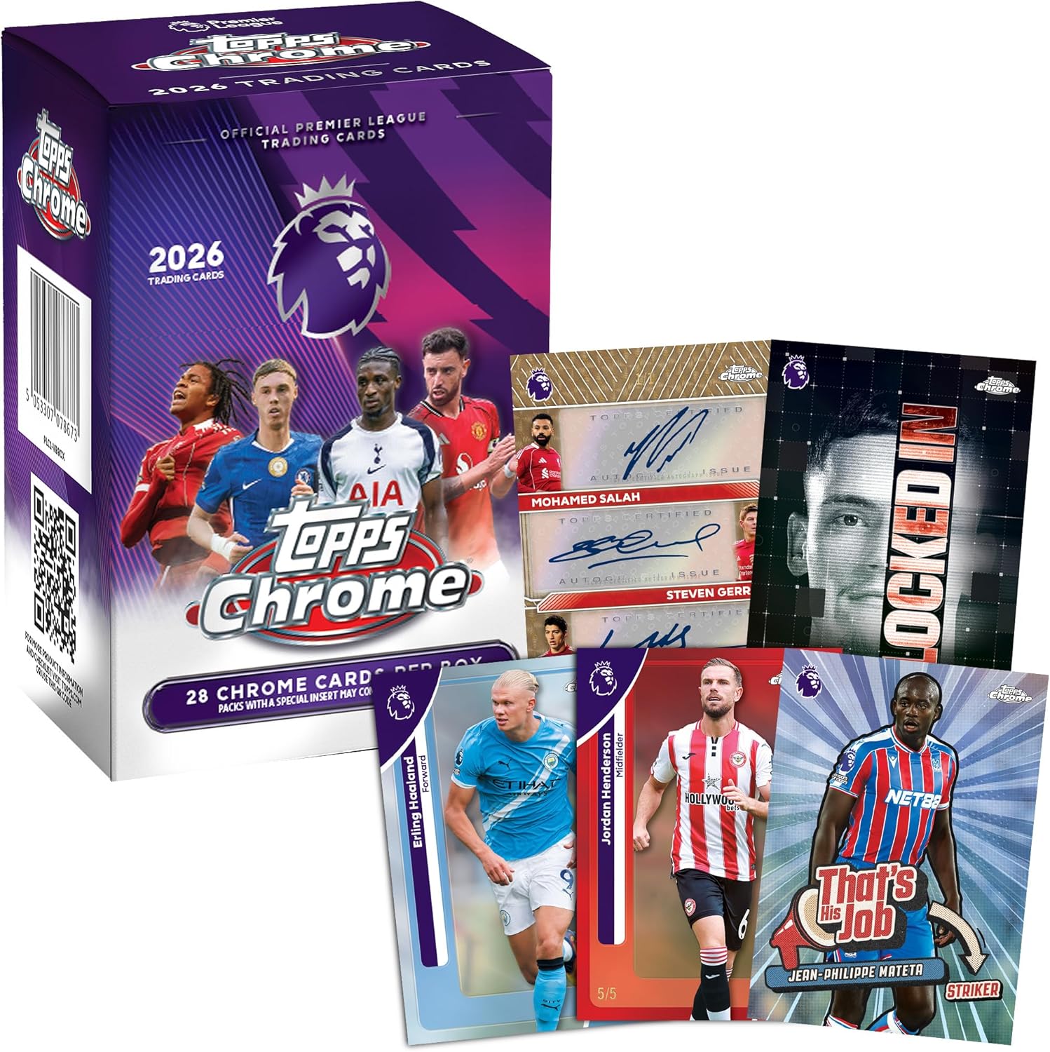 2026 Topps Chrome Premier League Value Box with sample Chrome cards, inserts and certified autograph cards