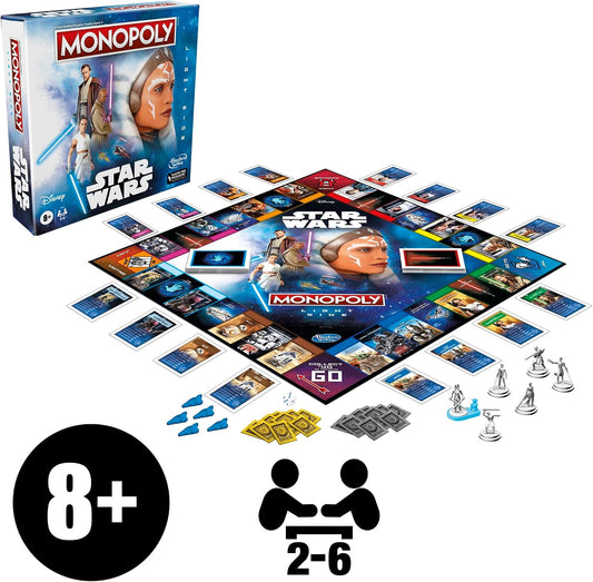 Monopoly Star Wars Light Side game board, character tokens, cards, credits and dice laid out
