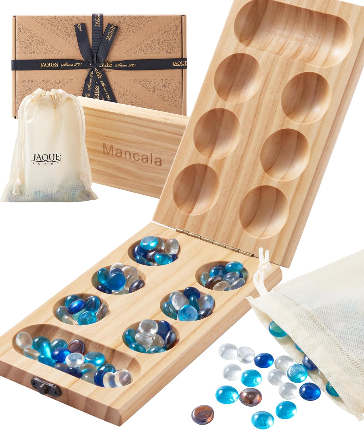 Jaques of London luxury wooden Mancala board with glass stones and gift box