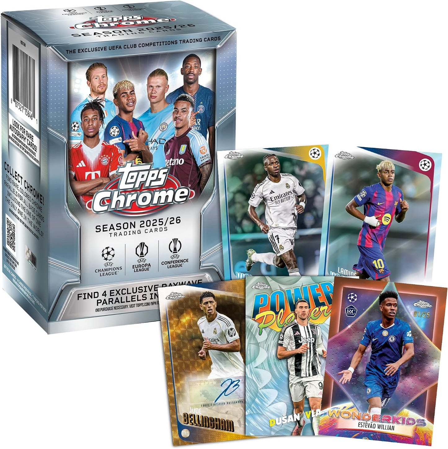 2025-26 Topps Chrome UEFA Club Competitions Value Box with sample Chrome cards, parallels and autograph card