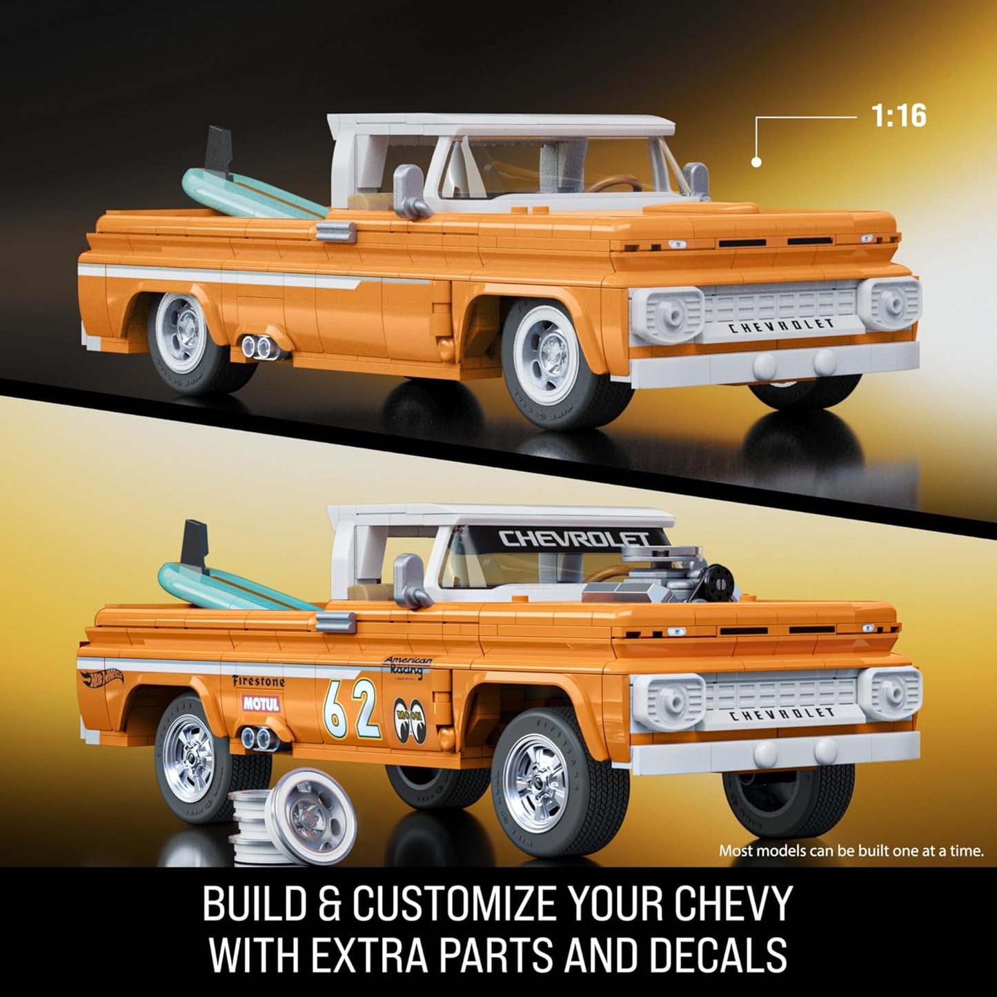 Completed 1:16 scale Custom '62 Chevy Pickup shown standard and with racing decals applied