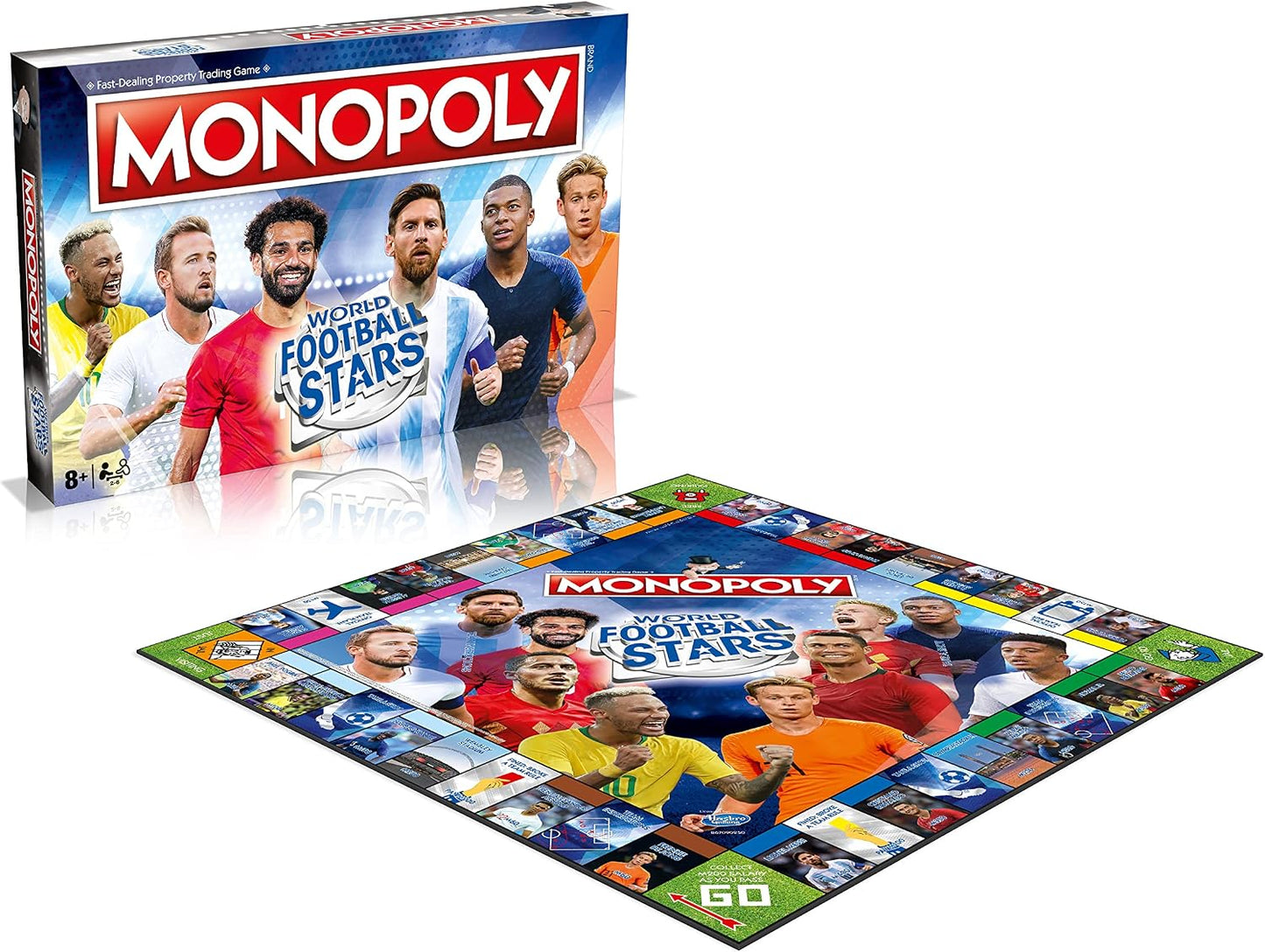 Monopoly World Football Stars box with the game board showing player spaces