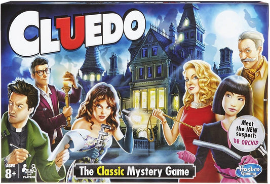 Cluedo The Classic Mystery Game board game box featuring the six suspects