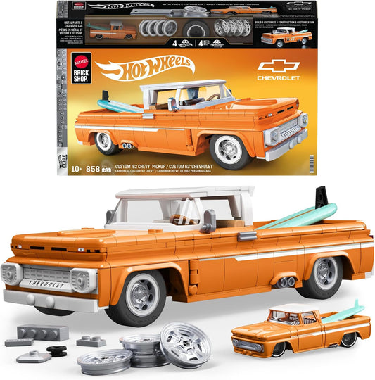 Mattel Brick Shop Hot Wheels Custom '62 Chevy Pickup building set box and completed model