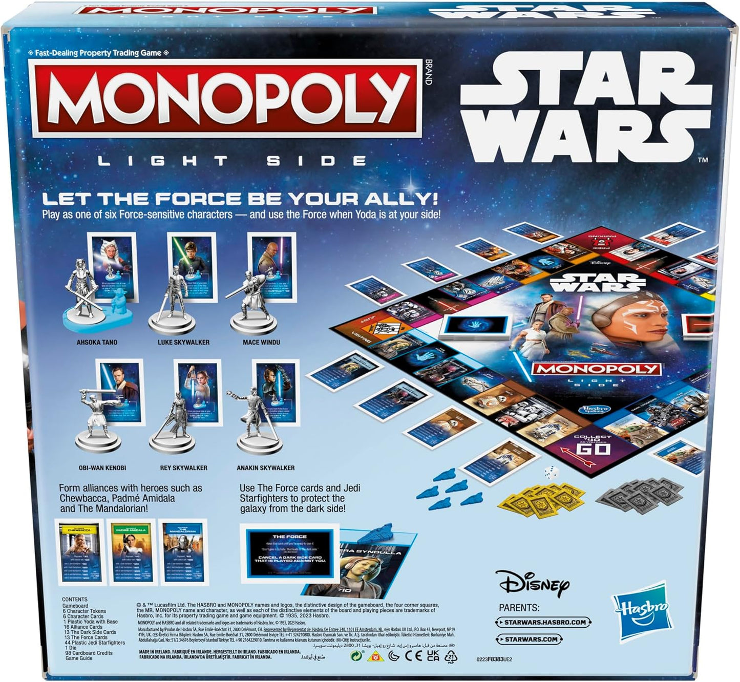 Monopoly Star Wars Light Side box reverse showing the six playable characters and full contents list