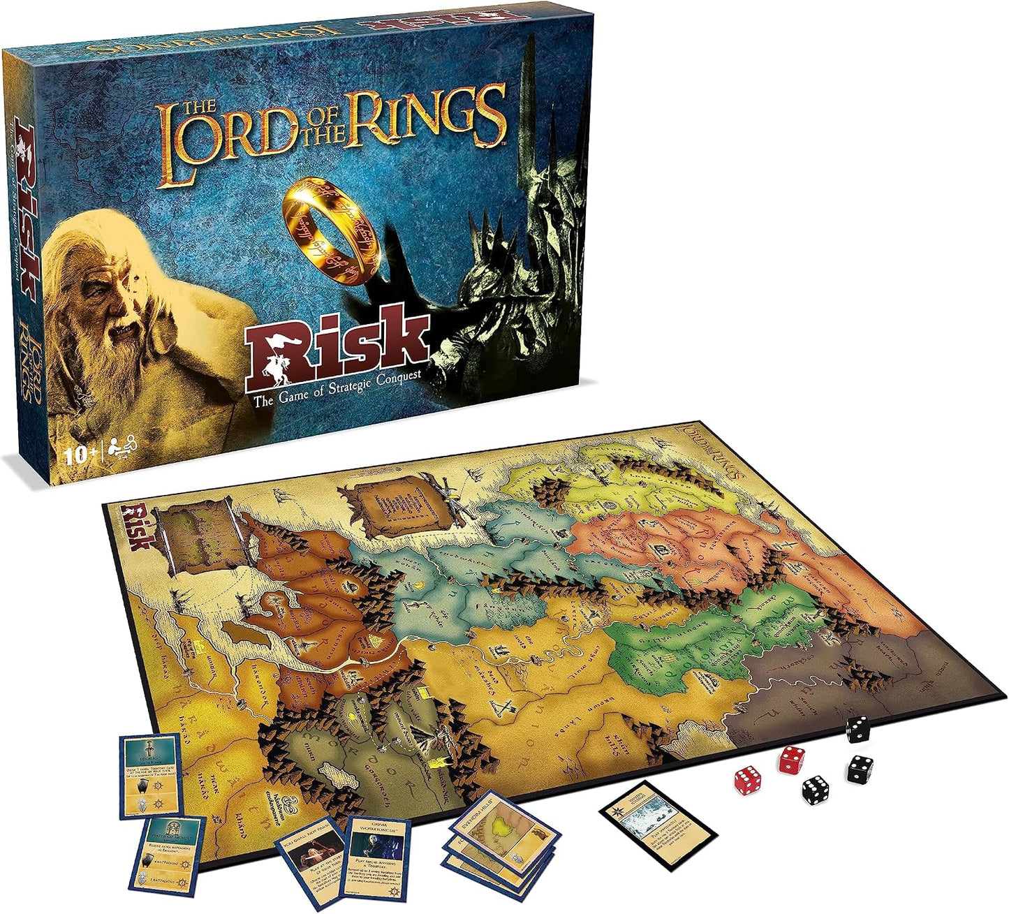 The Lord of the Rings RISK box with the Middle-earth game board, territory cards and dice