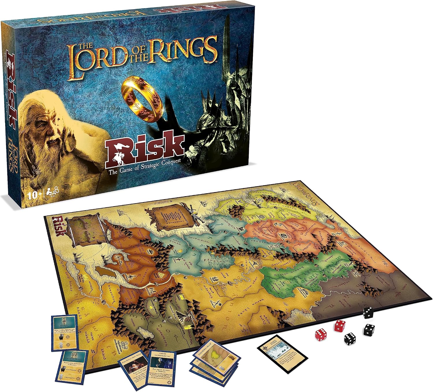 The Lord of the Rings RISK box with the Middle-earth game board, territory cards and dice