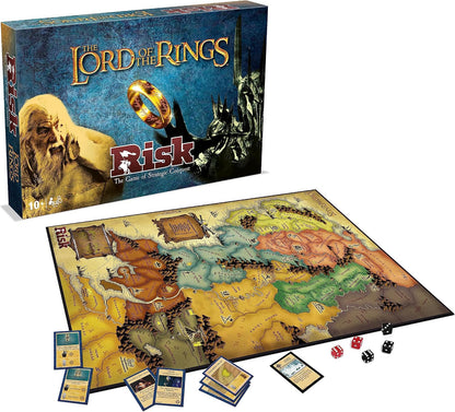 The Lord of the Rings RISK box with the Middle-earth game board, territory cards and dice