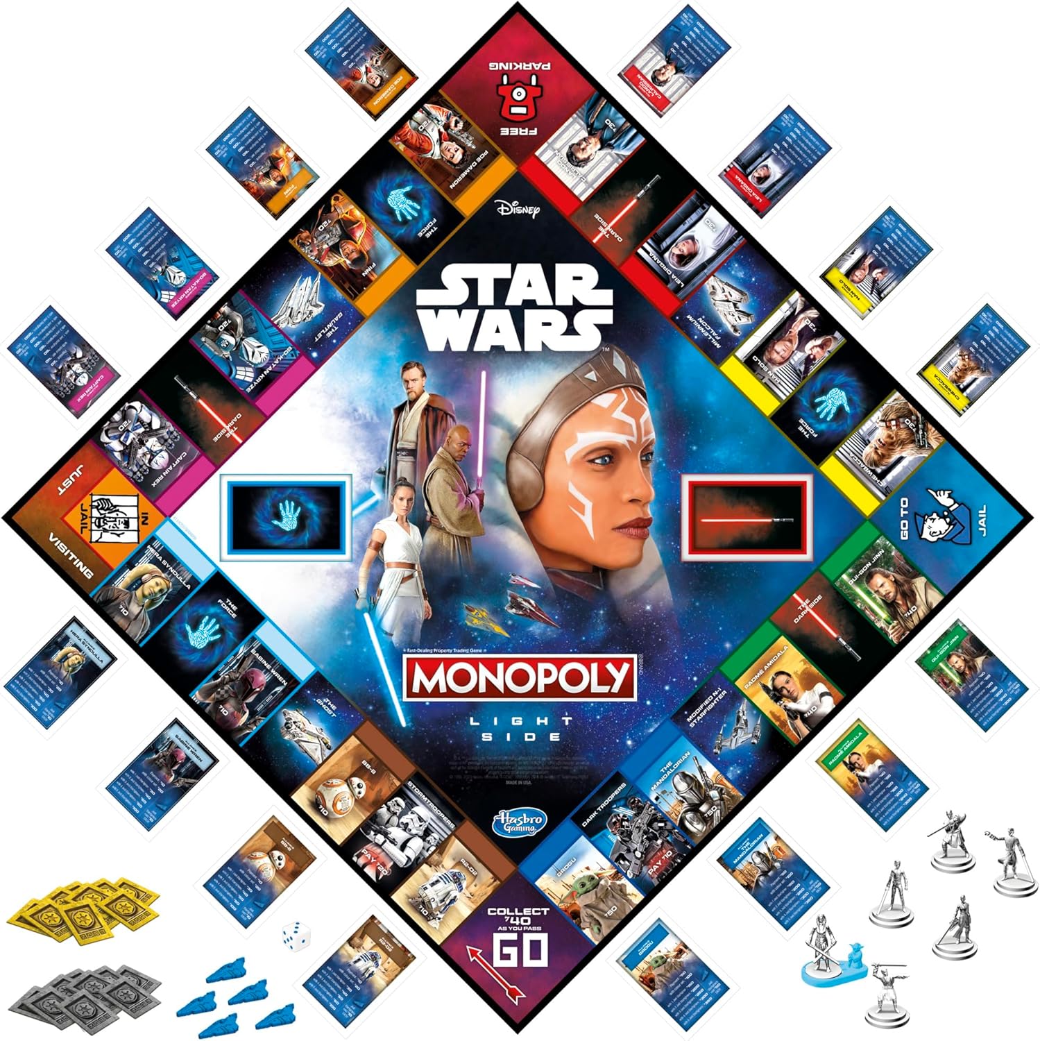Monopoly Star Wars Light Side game board viewed from above with all cards, character tokens, credits and die