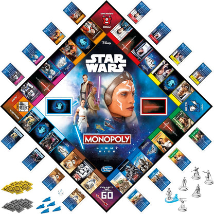 Monopoly Star Wars Light Side game board viewed from above with all cards, character tokens, credits and die