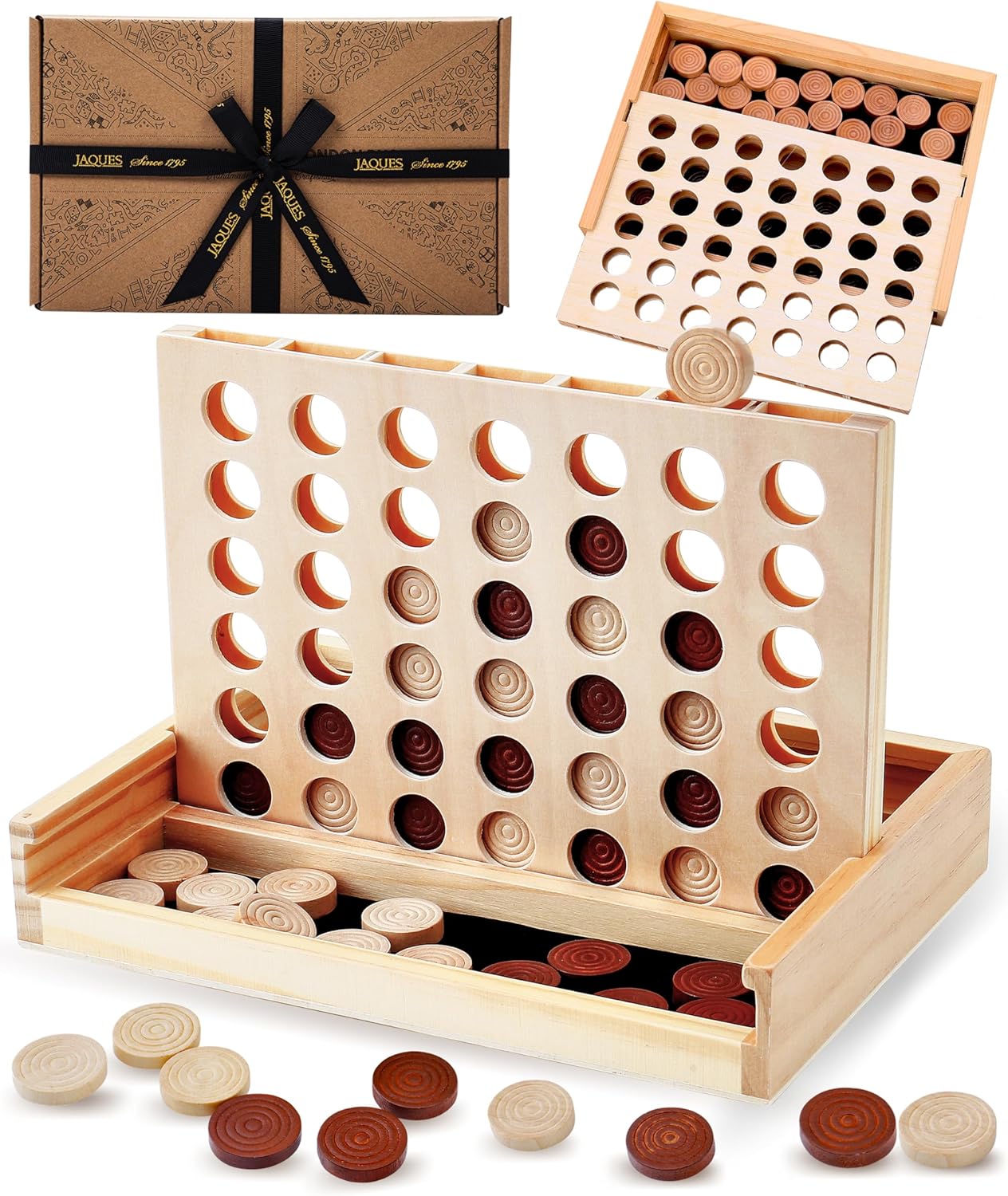 Jaques of London Luxury Score 4 in a Row Game | Wooden Travel Games for Adults and Kids | Wooden Games for all