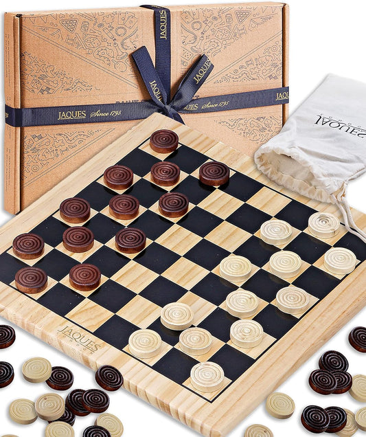 Jaques of London Draughts Board Game | Traditional 12 “ Wooden Draughts Board with Deluxe Checkers Pieces | Wo