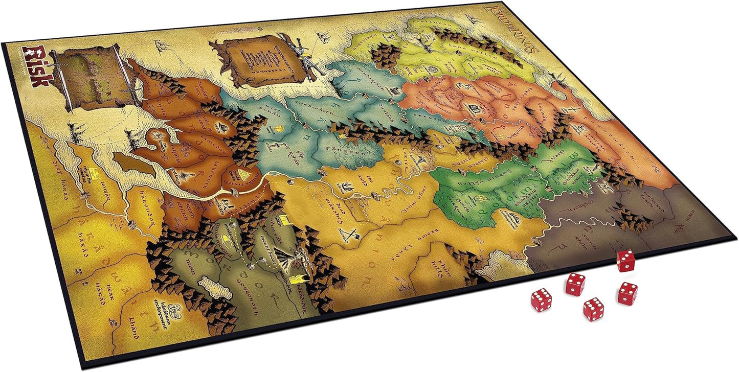 The Lord of the Rings RISK Middle-earth game board shown in detail with dice